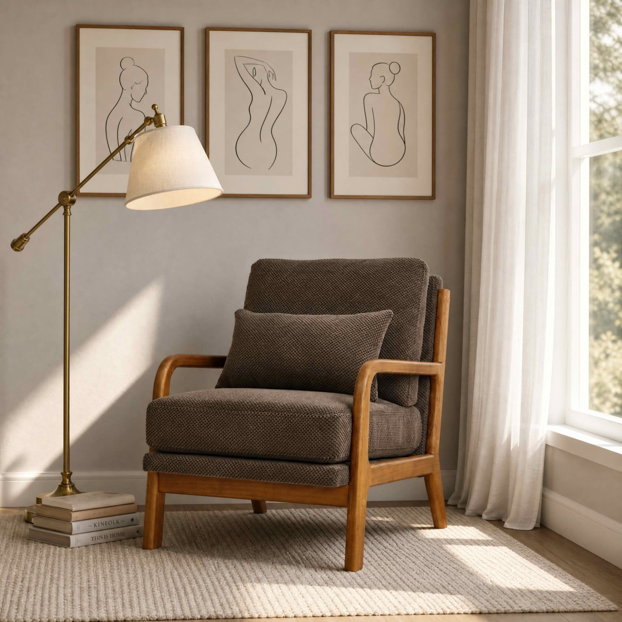 MAYEERTY 26 In Nubby Fabric Lounge Chair, Solid Wood Armrests, Lumbar Pillow, Coffee, 300 lb