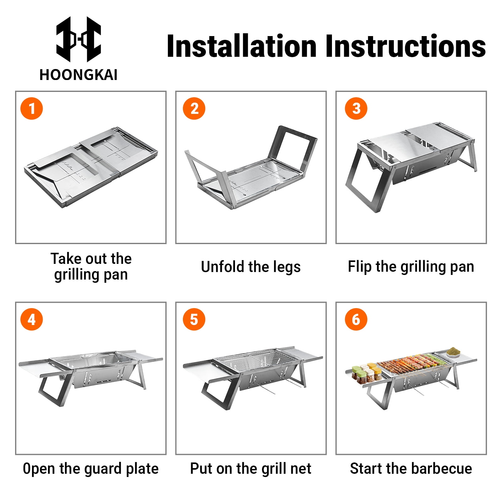 HOONGKAI Foldable Charcoal Grill, Stainless Steel Metal Charcoal Grill for Outdoor Camping Garden Grilling