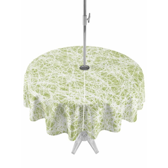 Outdoor Tablecloth with Umbrella Hole Zipper Spring Lime Green Cobweb Round Tablecloth 60" Waterproof Outside Table Cloth Abstract Minimalist Lines Patio Table Cover Tablecloths for Picnic Party