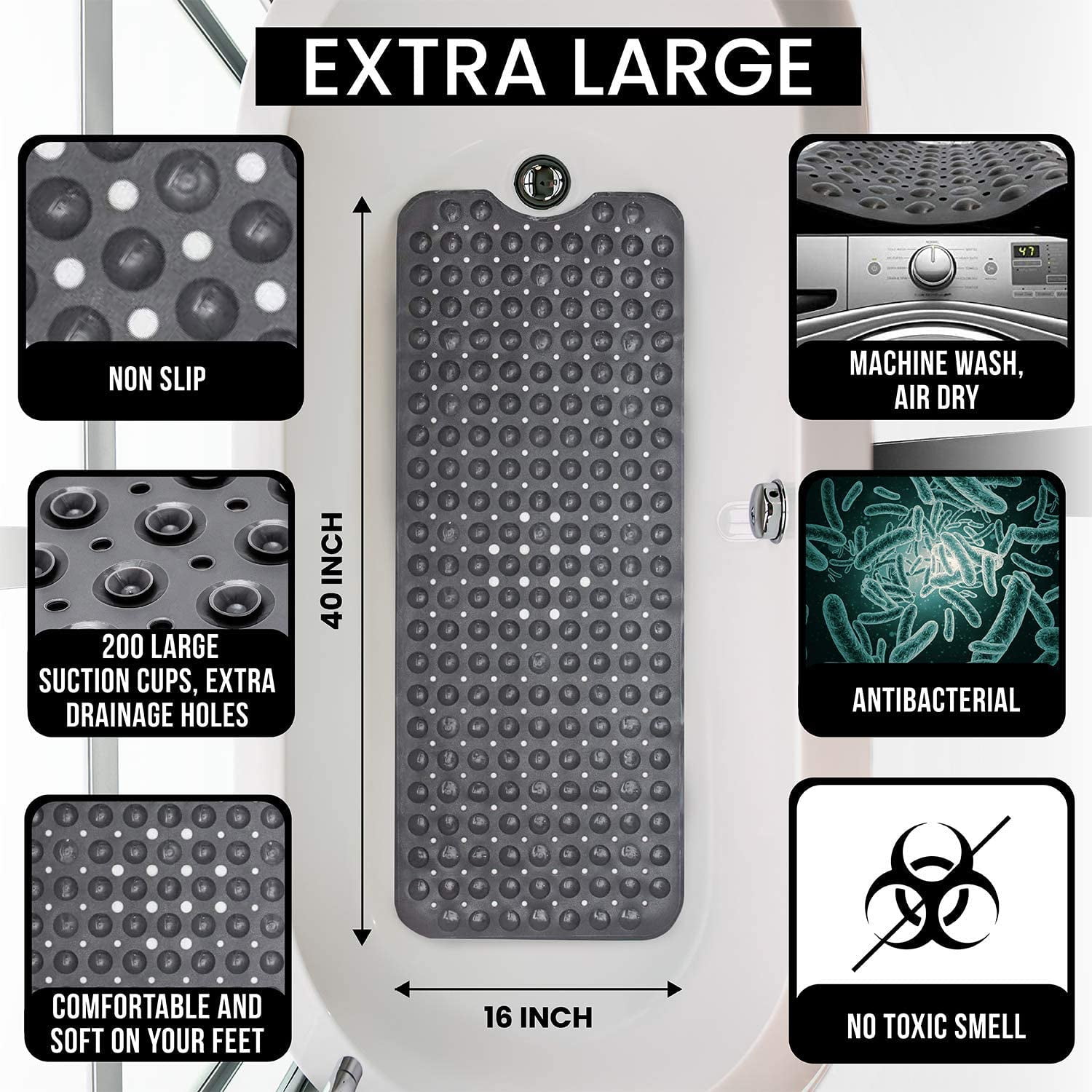 Sanmadrola 2 Pack Bath Mat Extra Large 40 x 16 Inch Non Slip Bathtub Shower Mat Extra Long Bathroom Mats for Tub Nonslip Anti Slip Bathmats Black