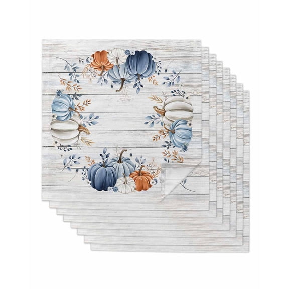 Fall Blue Pumpkins Cloth Napkins Set of 8 Reusable Dinner Napkins, Thanksgiving Eucalyptus Grey Wood Cocktail Napkin Washable Table Napkins for Wedding/Holiday Party/Baby Shower 20"x20"