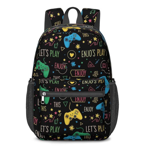 Game Controller Black Pattern 17" School Backpacks for Teens,Waterproof Oxford Fabric,S-Shape Padded Straps for School,Travel,Hiking,Camping