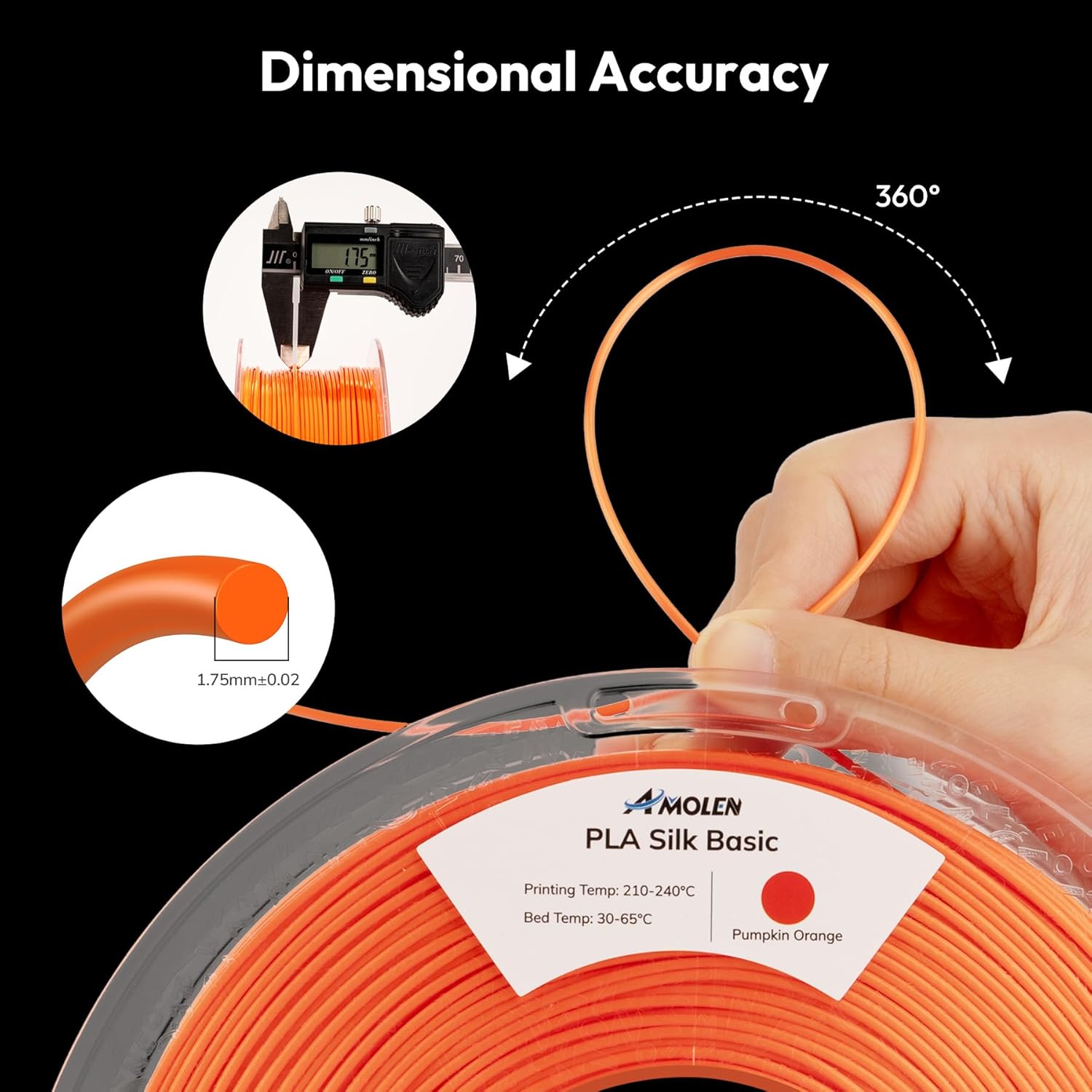 Silk PLA Filament Orange, 1.75mm Pla Filament +/-0.02mm 3D Printer Filament for 3D Printing 1kg(2.2lbs) Spool Compatible with Most FDM Printer