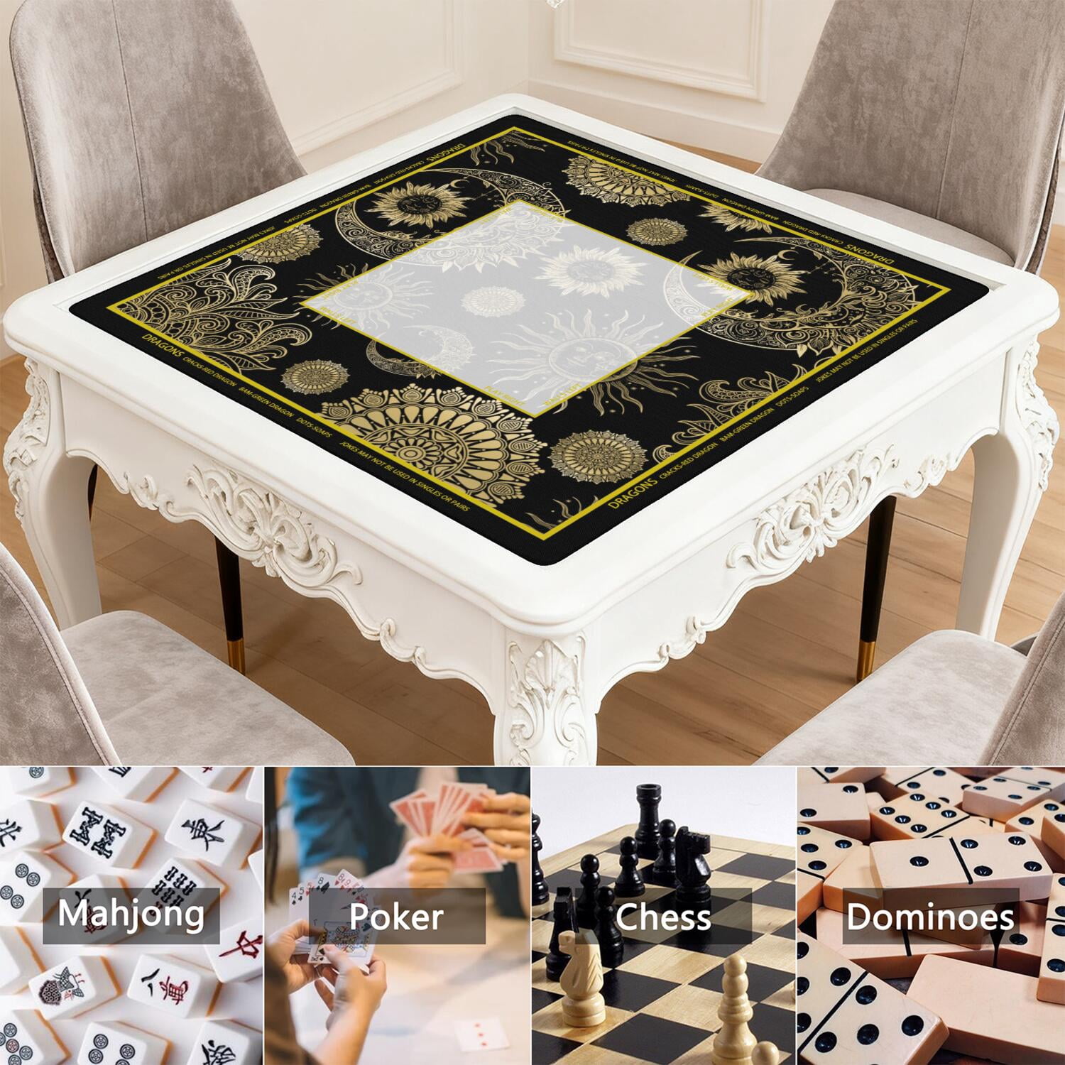 Gothic Mahjong Mat with Rules, 31.5*31.5in Anti Slip American Mahjong Mat for Table, Noise Reduction, Neoprene Mah jongg Mats with Carrying Bag & 3 Dices, Mahjong Set Gift, Board Tile Games Mats