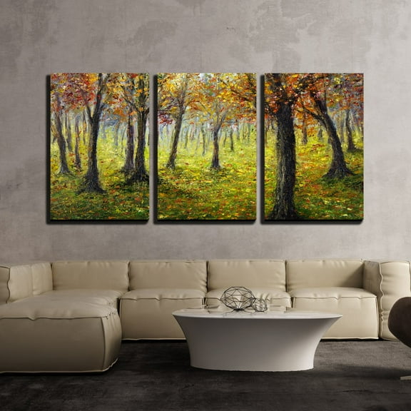 wall26 - 3 Piece Canvas Wall Art - Original Oil Painting Showing Beautiful Autumn Forest on Canvas - Modern Home Art Stretched and Framed Ready to Hang - 24"x36"x3 Panels