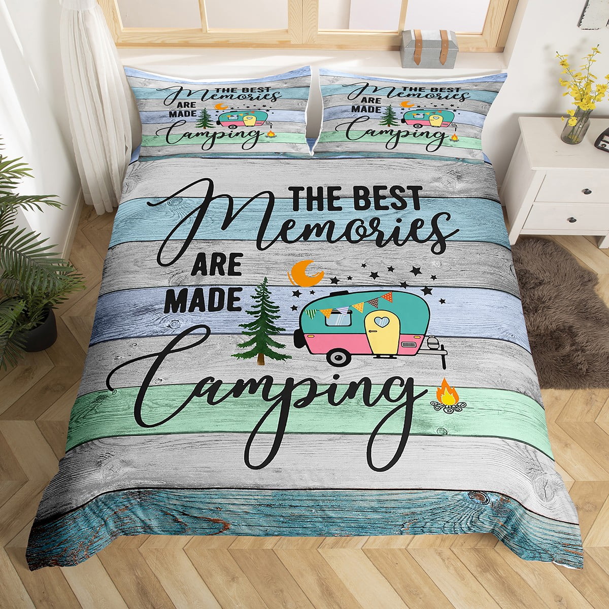 Happy Camping Full Bedding Set Farmhouse Style Duvet Cover for Family