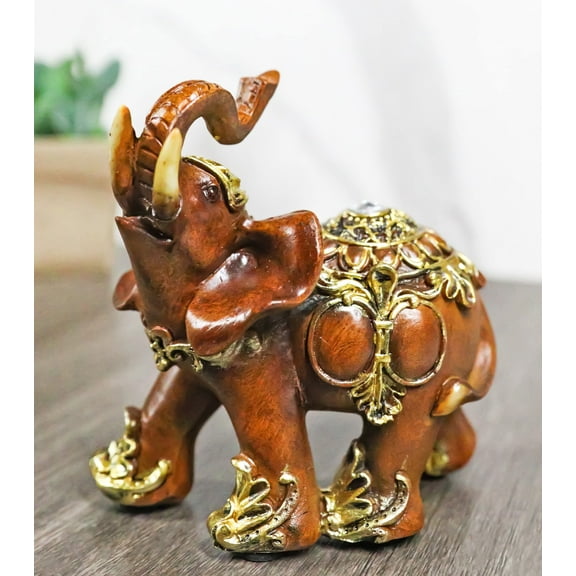 Feng Shui Faux Wood Left Facing Trunk Up Elephant With Golden Tapestry Figurine