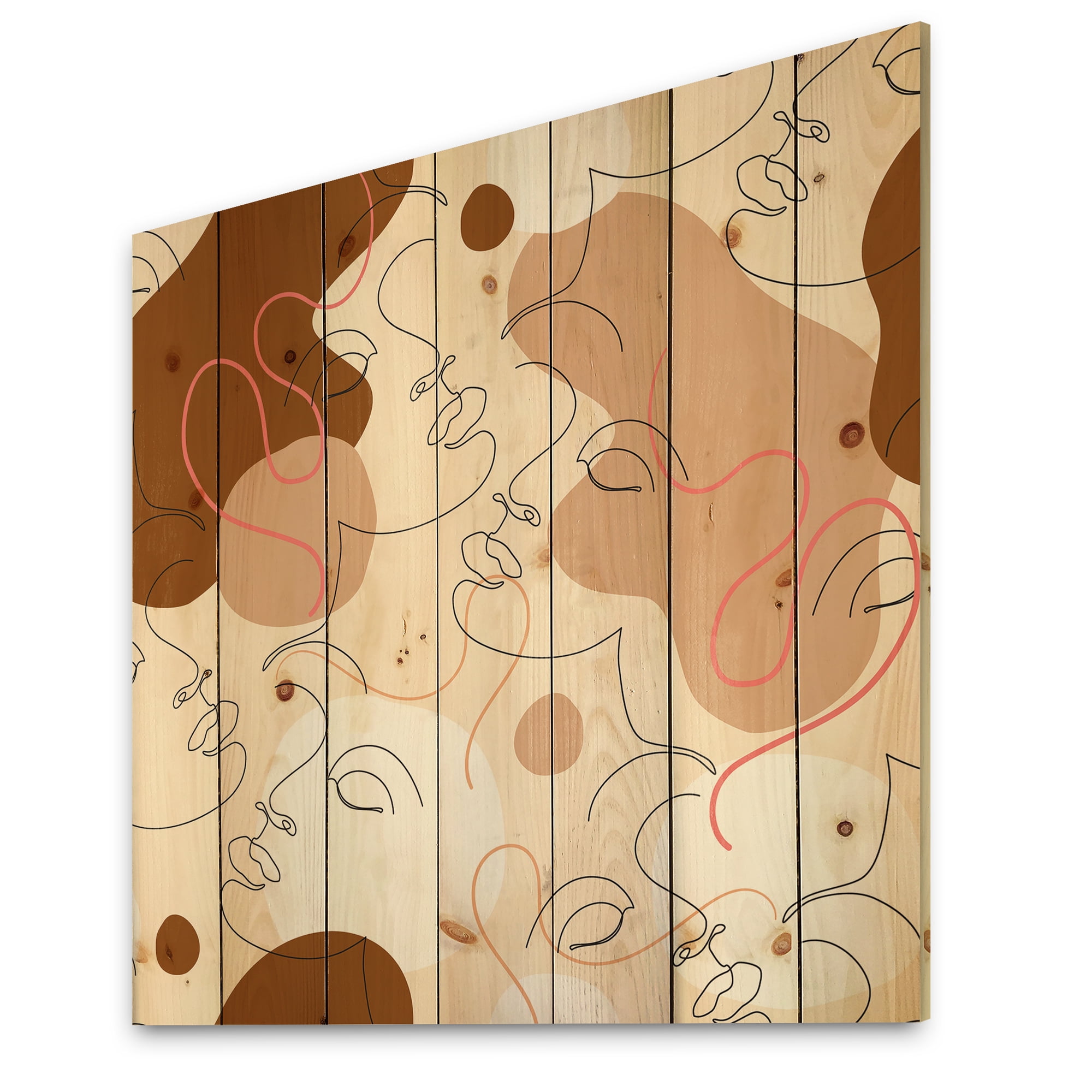 Designart 'One Line Drawing Of Beautiful Girl' Modern Print on Natural Pine Wood