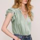 thumbnail image 2 of Slatcetga Tops con Cuello en V para Mujer, Tops Informales de satén de Color Puro con Volantes de Encaje para Fiestas, Compras, Viajes al Aire Libre, Verde Claro L, 2 of 6