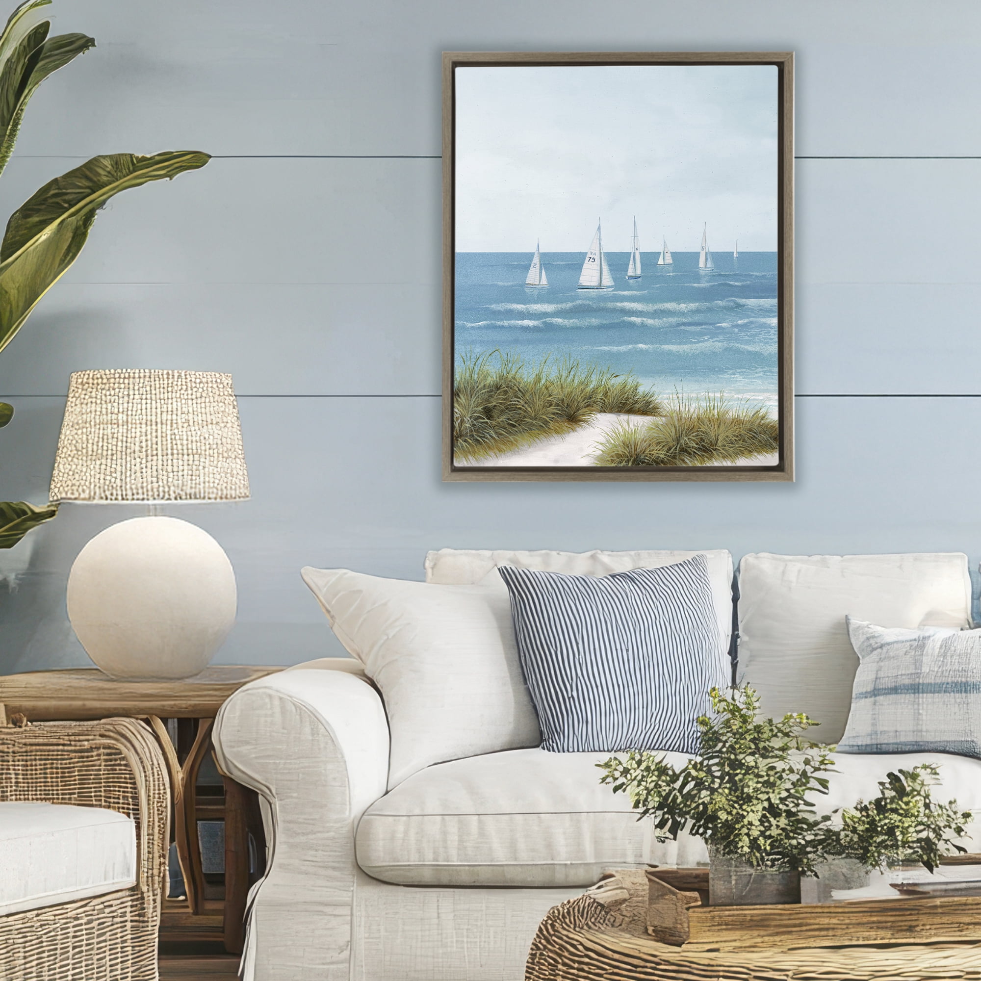 Stupell Industries Sail Away Beach Seascape Brown Framed Floater Canvas Wall Art, design by Lorenzo Collective
