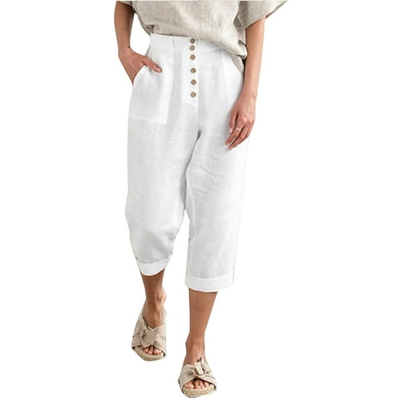 Capri Pants For Women Tapered Cotton Linen Front Button Up Waist Casual With Pockets Work Trousers For Women