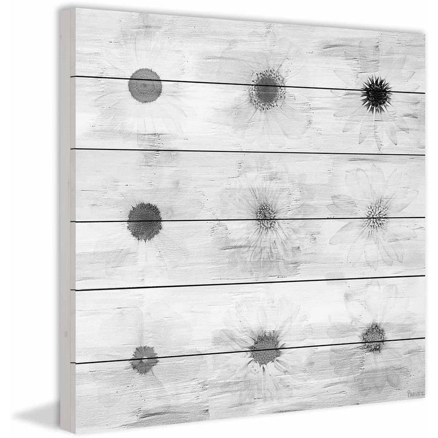 Parvez Taj Grey Flowers Art Print on White Pine Wood
