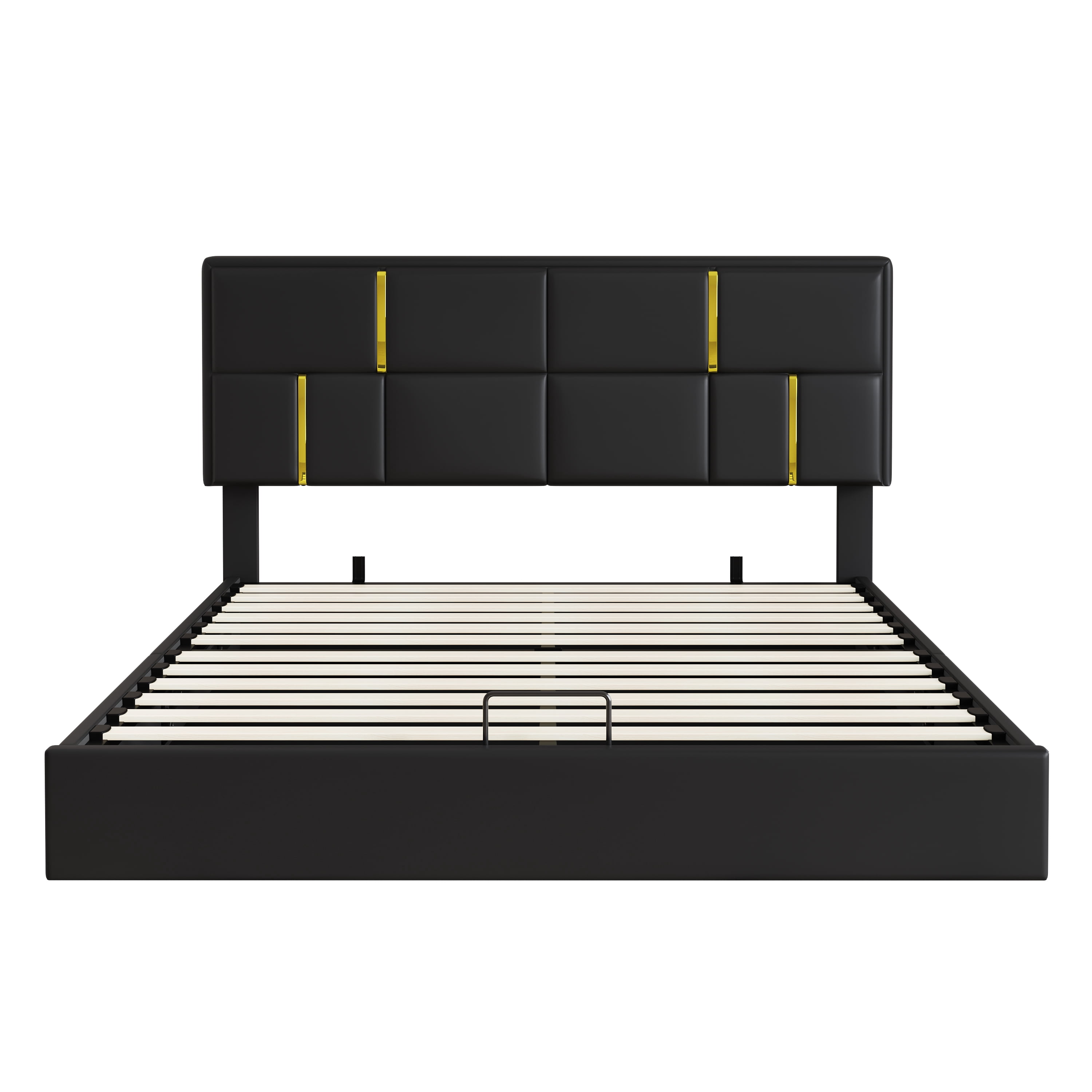 Mintazer 2 Pieces Bedroom Set, Queen Size Upholstered Platform Bed with Hydraulic Storage & Matching Storage Ottoman, Modern Tufted Bed Frame with Gold Accents for Bedroom, Black