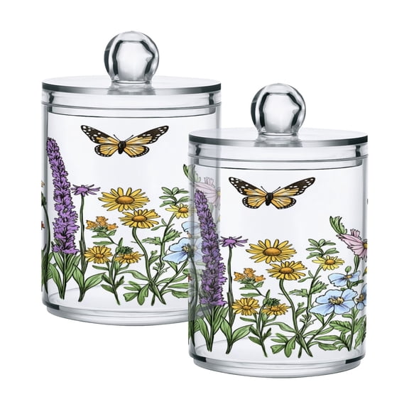 Hand Painted Florals Butterflies Translucent Plastic Cans Storage Canisters with Lid Set of 2