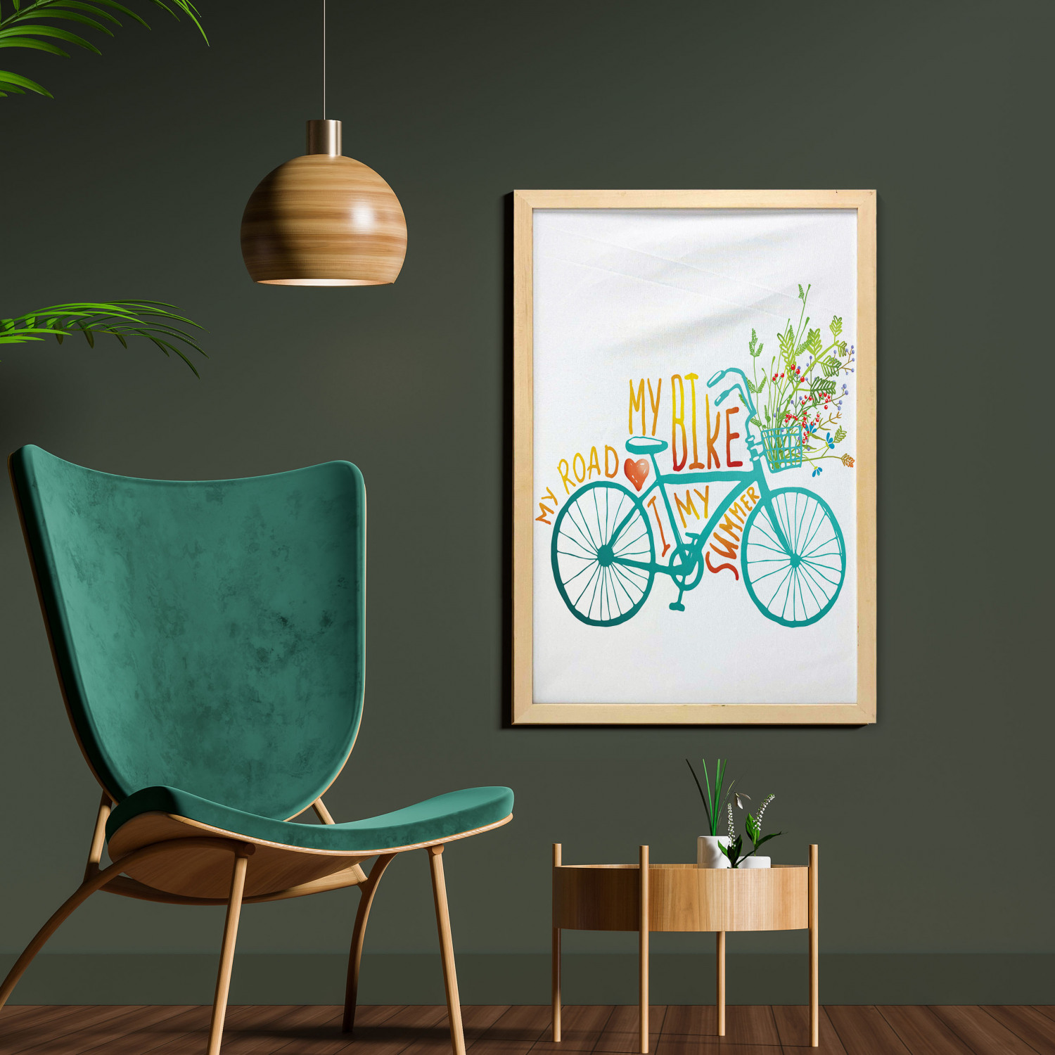 Bicycle Wall Art with Frame, Vintage Summer Bike a Floral Bouquet Vehicle for Transport Illustration, Printed Fabric Poster for Bathroom Living Room, 23" x 35", Turquoise Yellow, by Ambesonne - image 2 of 2