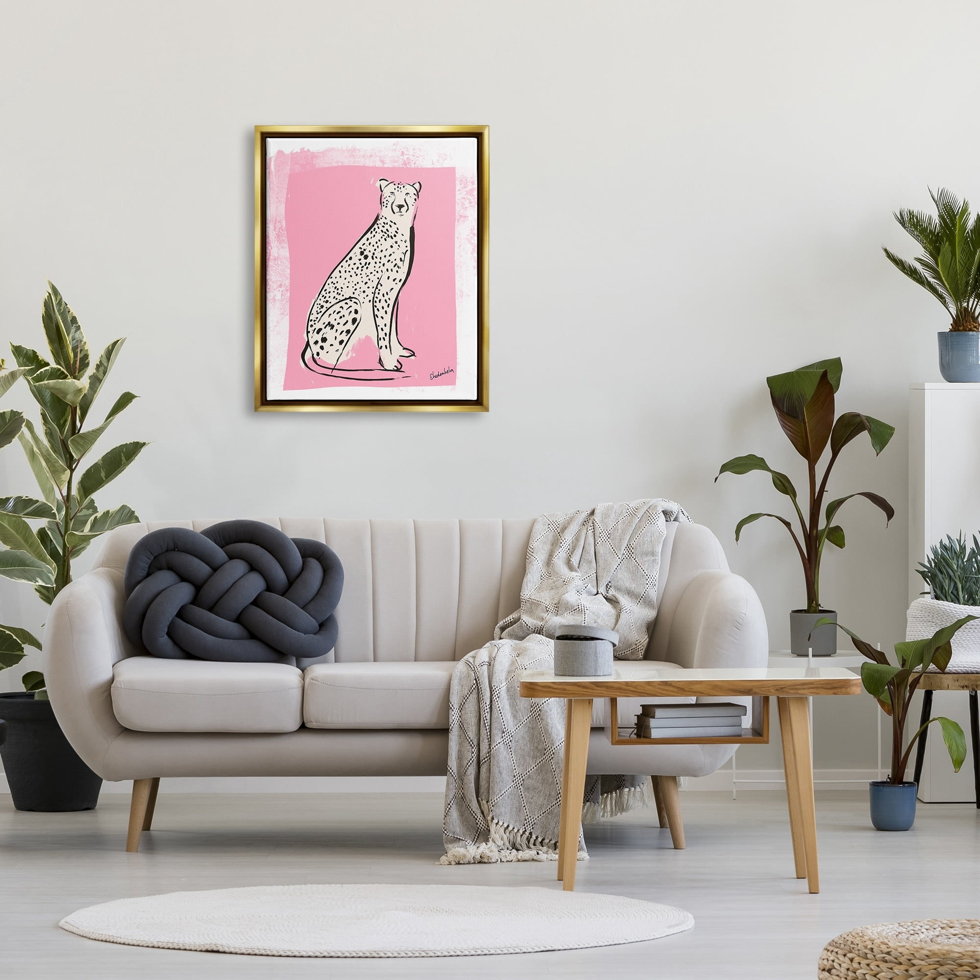 Stupell Industries Modern Cheetah Ink Lines Blocked Pink Border Graphic Art Metallic Gold Floating Framed Canvas Print Wall Art, Design by Kendra Shedenhelm