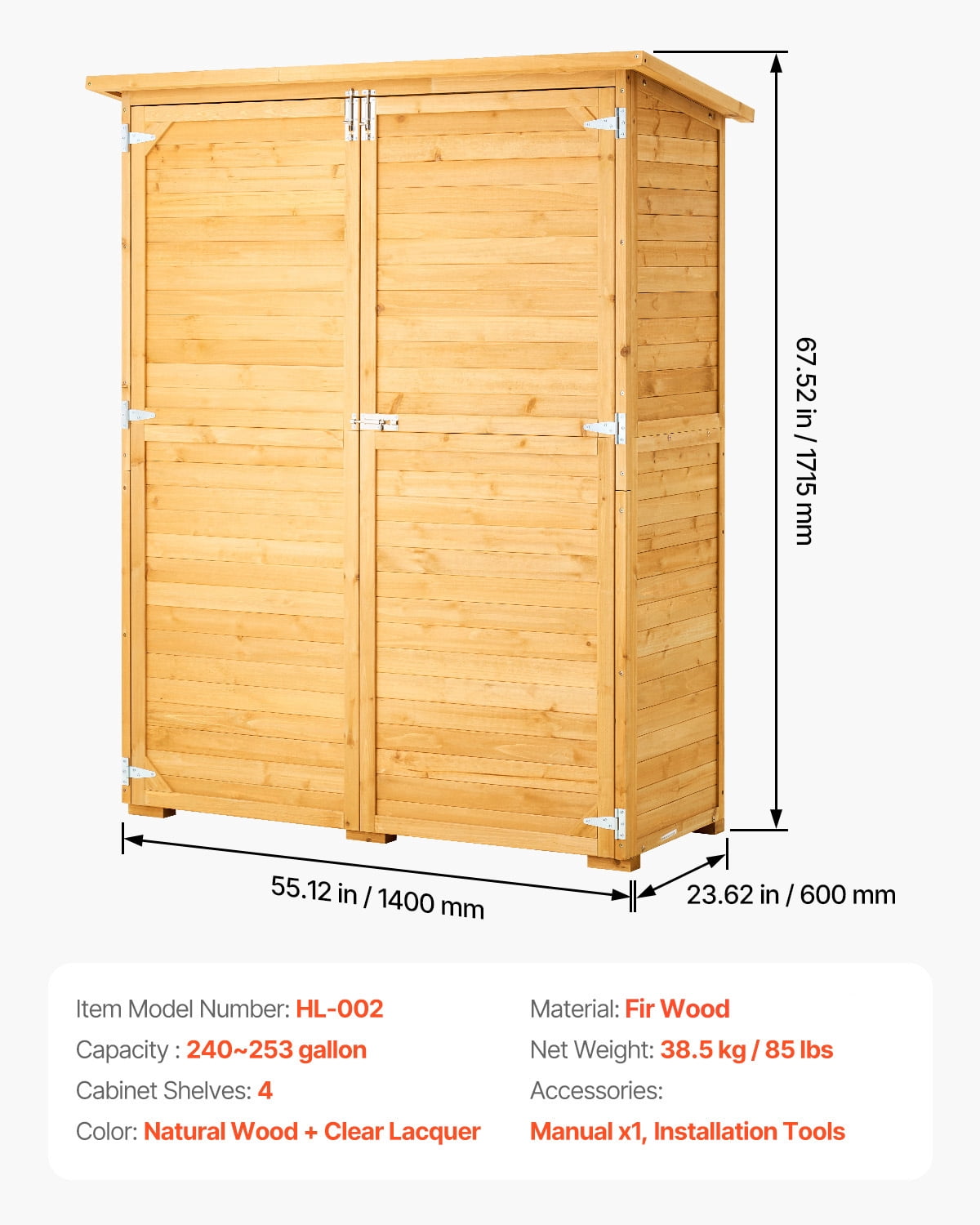 KFFKFF Exterior Storage Unit 55 x 67.5", Spacious Wood-Based Outdoor Storage Shed with Weatherproof Top and Sturdy Metallic Structure, Garden Equipment Storage Hut with Shelving & Grounding