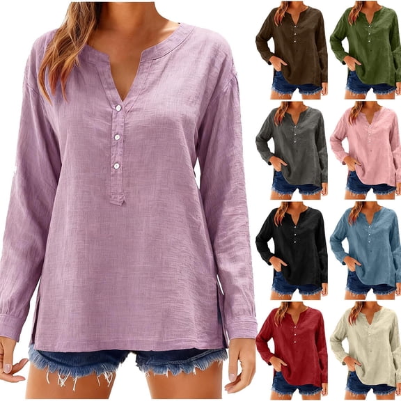 Horkkom Button Down Shirts for Women V Neck Long Sleeve Linen Shirts Loose Solid Color Casual Tops Slit Side L