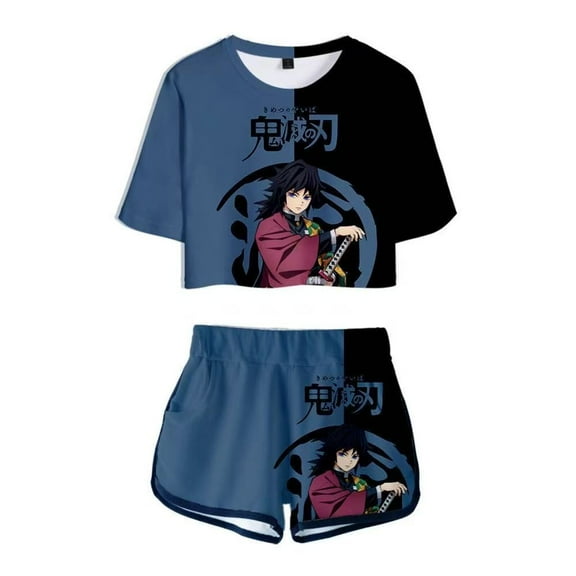 Anime Demon Slayer Shirt Boys Shirt Cartoon Cosplay Shirts Short Sleeve Shorts Suit X-Small