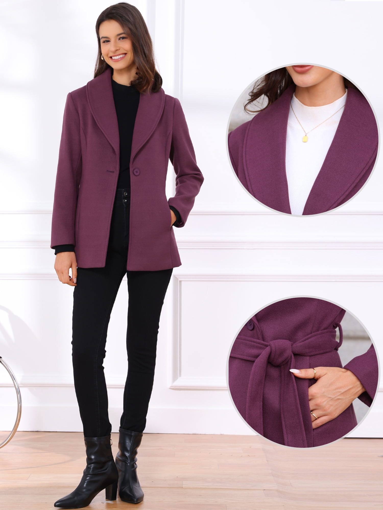 DARING DIVA Women's Lapel Collar One Button Overcoat with Belt M Purple