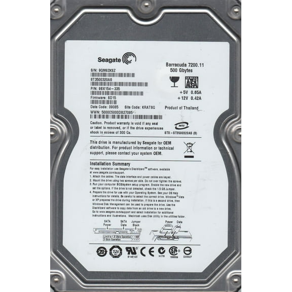 ST3500320AS, 9QM, KRATSG, PN 9BX154-335, FW SD15, Seagate 500GB SATA 3.5 Hard Drive