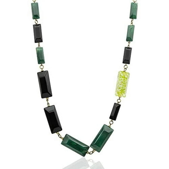 Y2K Retro Long Beaded Statement Necklace - Green and Black Rectangle Beads - 32 Inch Fashion Jewelry Necklace