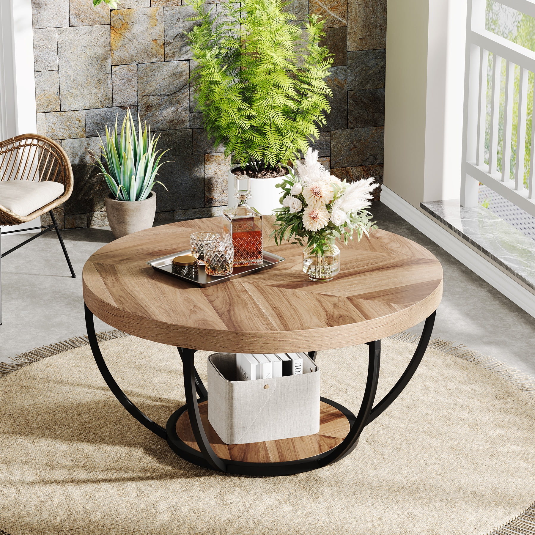Fnova Coffee Table with 2 - Tier Storage, 32" Round Wood Coffee Table with Metal Legs, Modern Rustic Style Center Table for Living Room, Warm Brown and Black