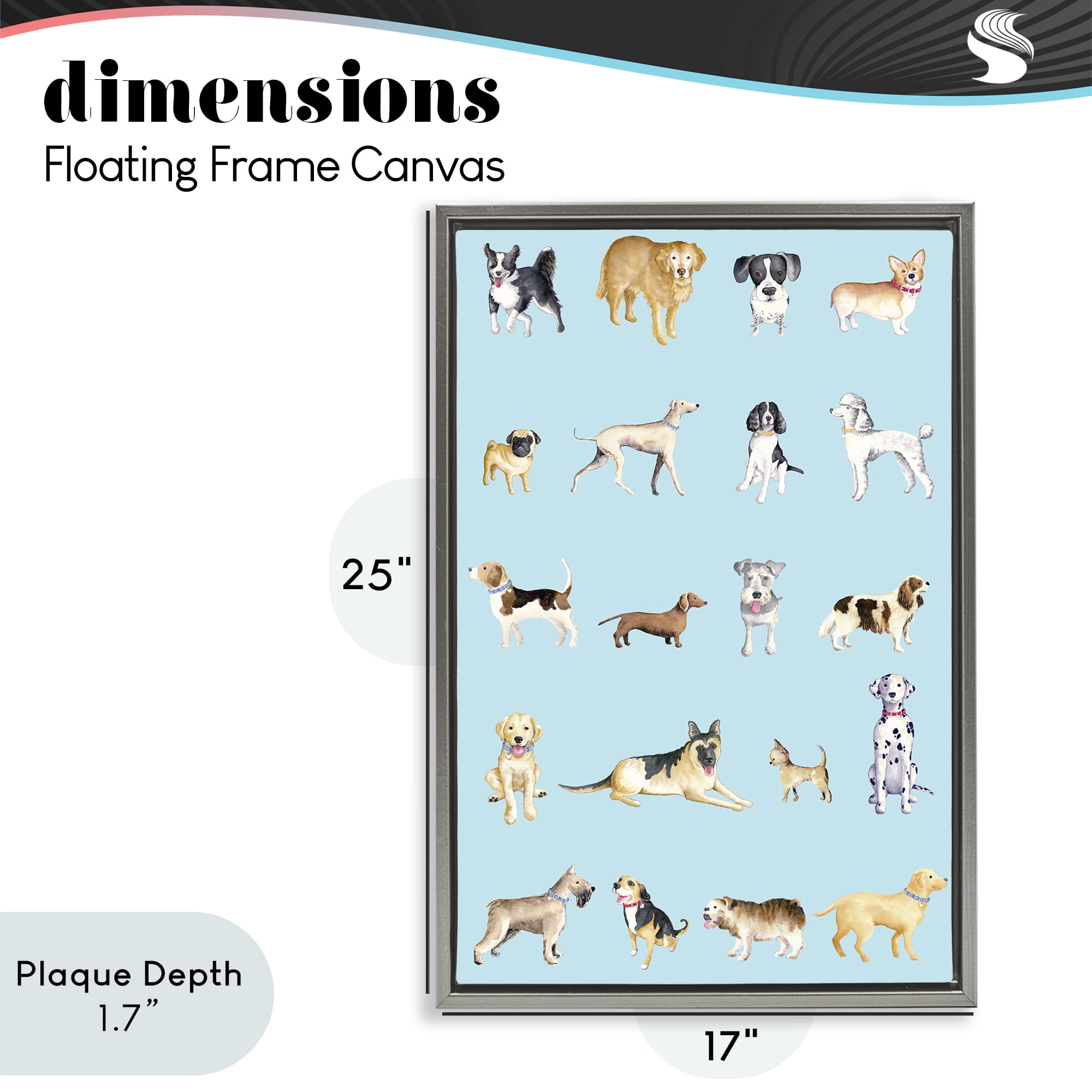 Stupell Industries Dog Breeds on Blue Gray Framed Floater Canvas Wall Art, design by Andi Metz
