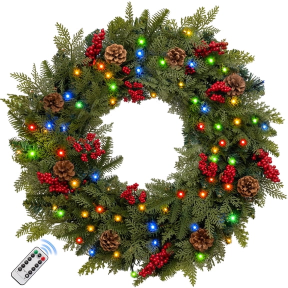 24 in Pre-Lit Christmas Wreaths for Front Door Window, PE PVC Lighted Outdoor Wreaths with Timer, Battery Operated, Remote