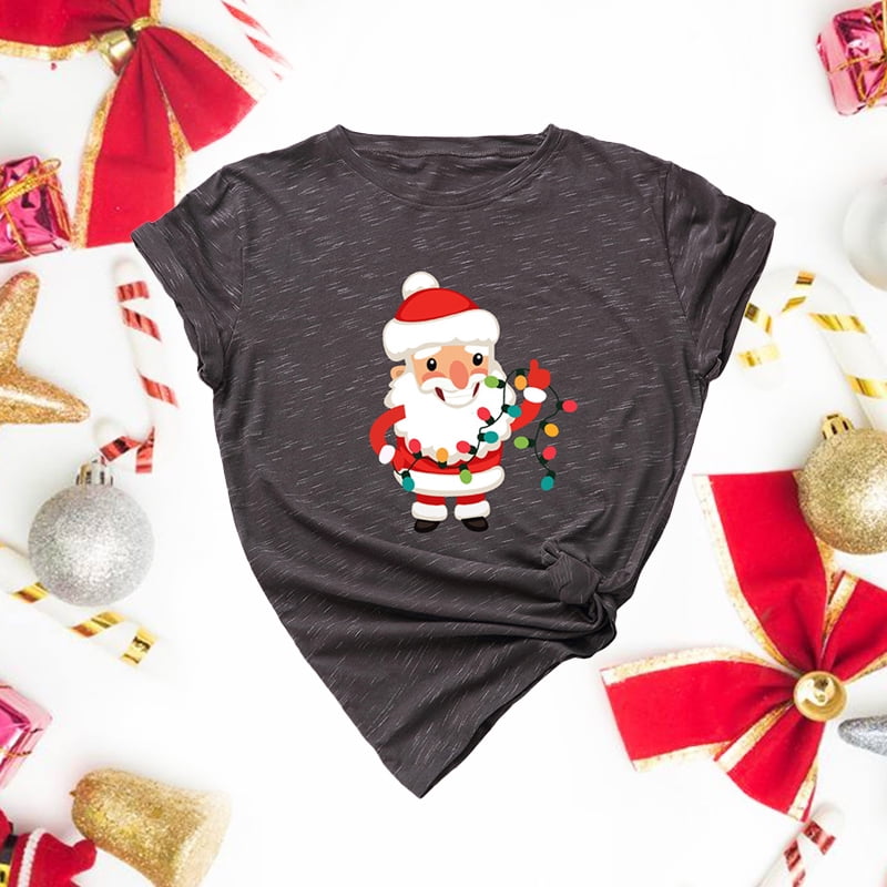 Ugly Christmas Women Short Sleeves Tshirt Xmas Smiling Santa Print