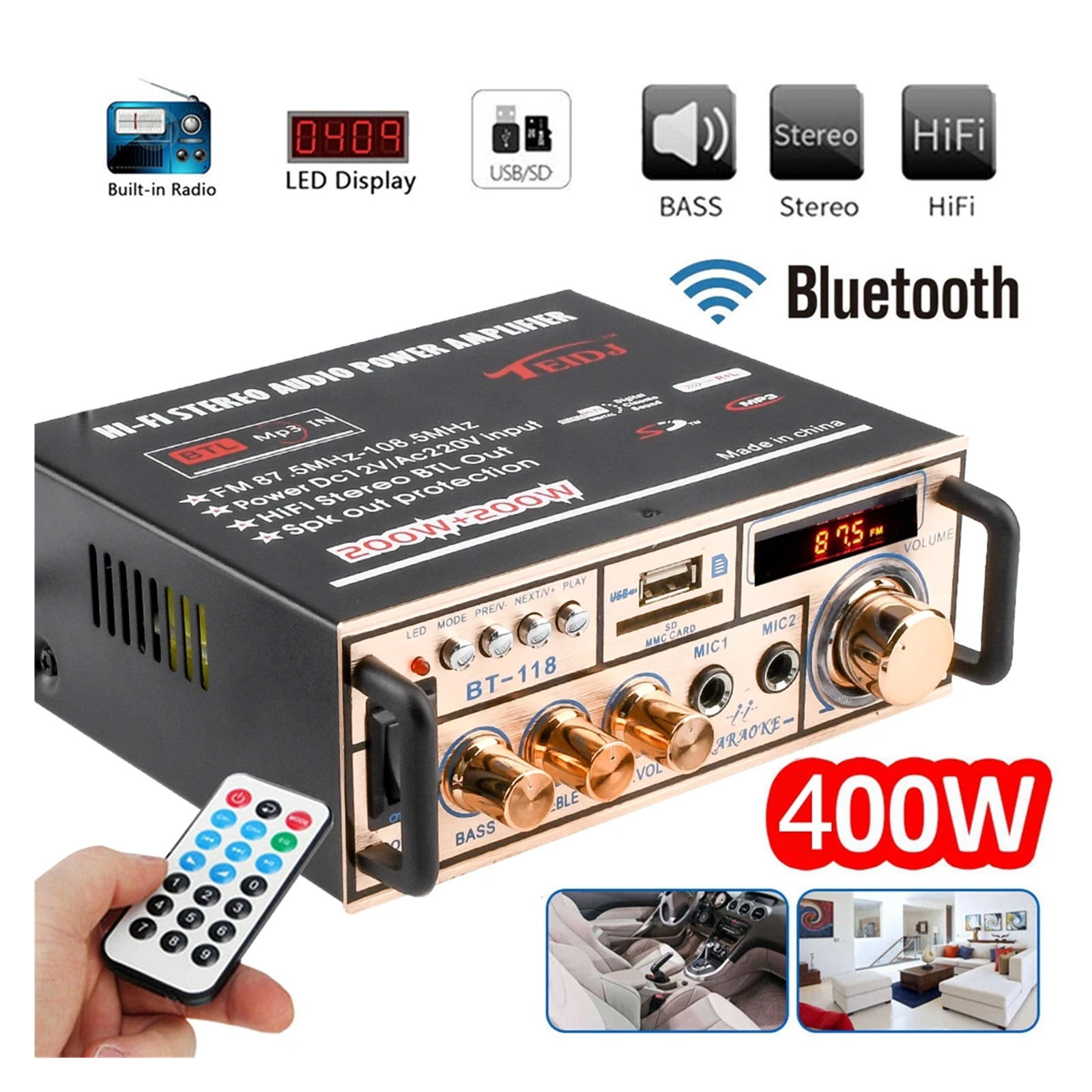 MiNI HIFI LCD Digital Bluetooth Power Amplifier Car Bass Home Theater Amplificador Speaker Treble Control FM USB SD 400W
