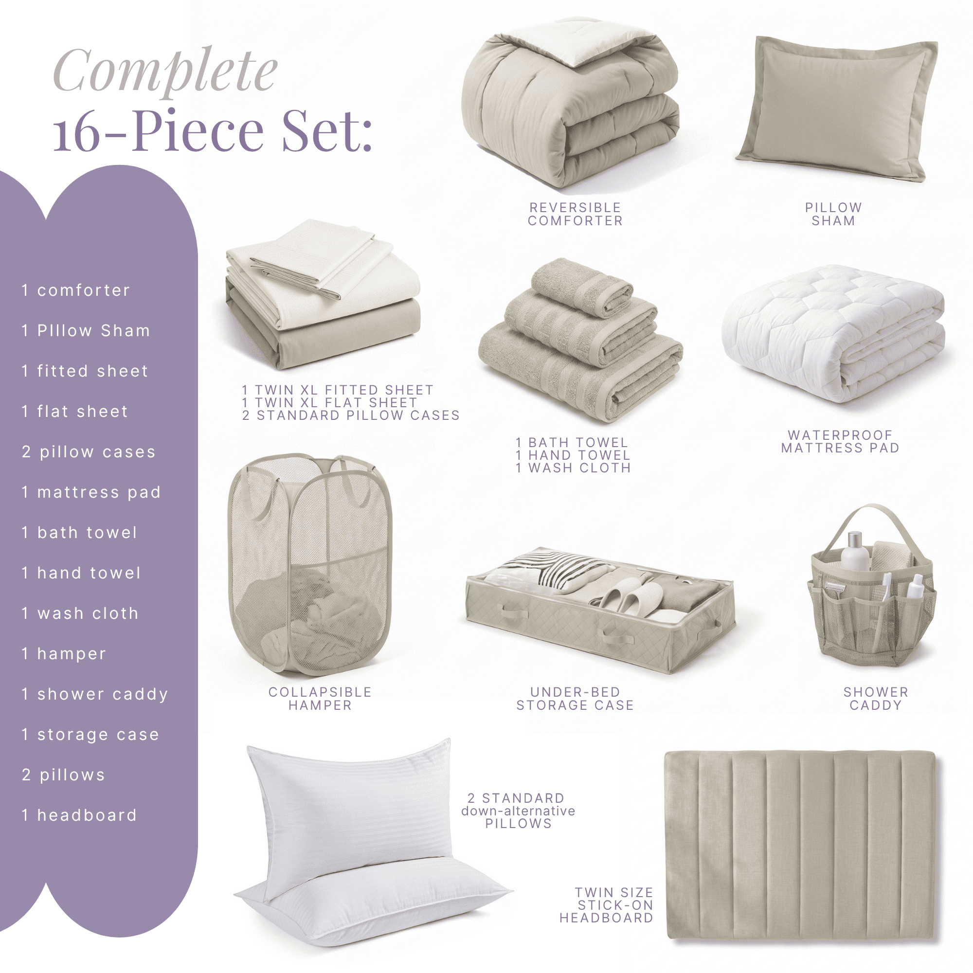 LammaLoe 16 Piece Complete Dorm Room Set, Twin XL Comforter Set, Includes Sheet Set, Mattress Protector, Pillows, Headboard, Towels & Organizers - All Dorm Accessories Included, Linen