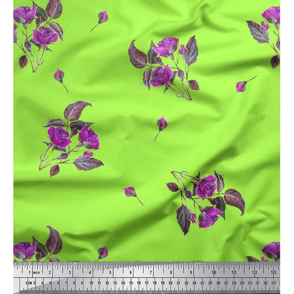 Soimoi Green Rayon Fabric Leaves & Alba Rose Floral Fabric Prints By Yard 56 Inch Wide