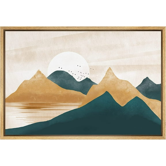 PixonSign Framed Canvas Print Wall Art Set Teal Tan Mountain Range Valley Nature Wilderness Illustrations Modern Art Farmhouse/Country Landscape - 16"x24" Natural