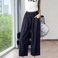 thumbnail image 6 of Girls Lightweight Crinkled Pants, Elastic High Waist Loose Wide Leg Casual Cropped Trousers with Side Pockets 5-15Y Navy, 6 of 8
