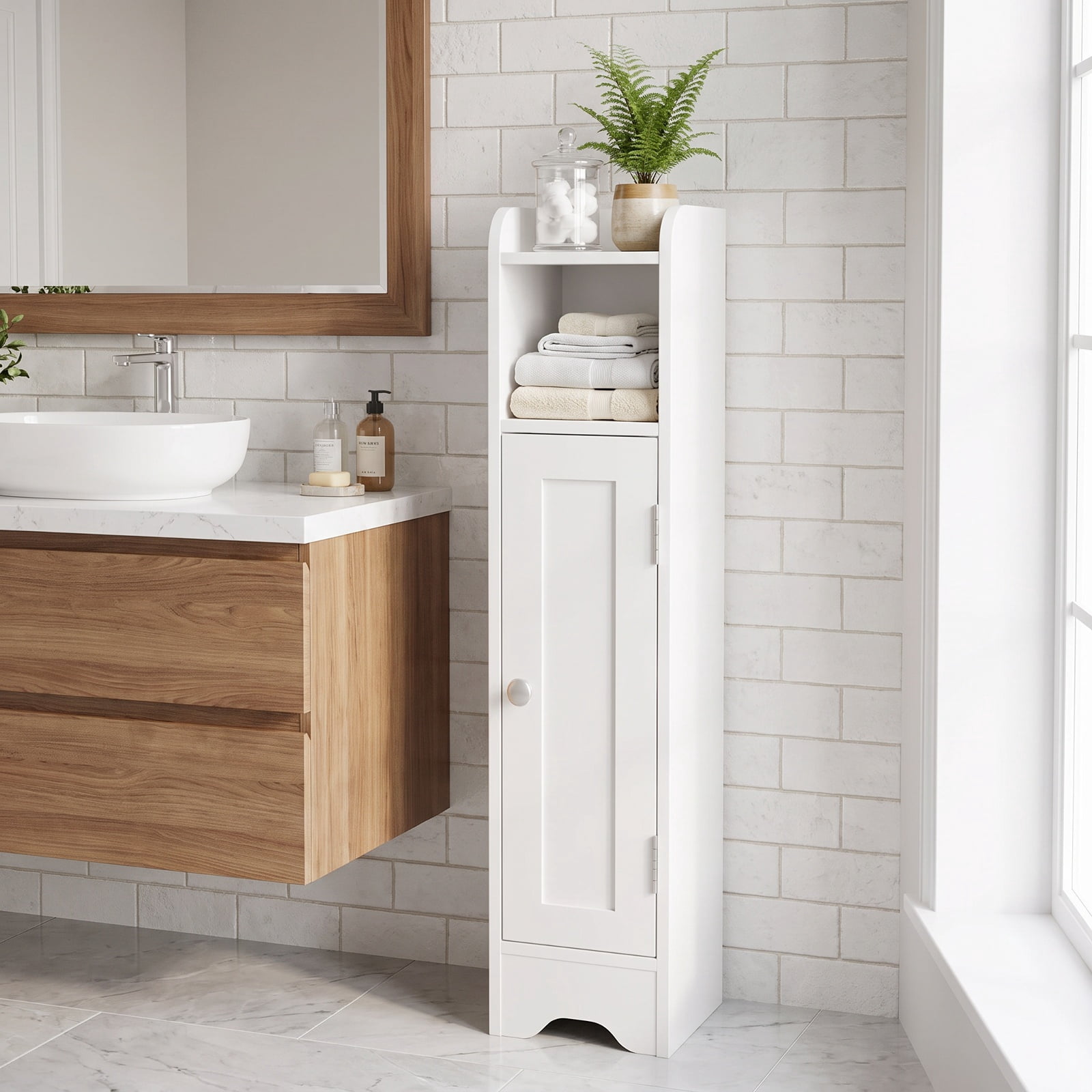 Vebreda Slim Freestanding Corner Bathroom Storage Cabinet with 1 Door & Adjustable Shelves, 5-Tier Narrow Floor Organizer with Anti-Tip Kit for Small Bathroom, White