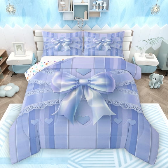 Manfei Teens Female Kawaii Bow Knot Bedding Comforter Set 2pcs,Dreamy Princess Twin Comforter Sets Microfiber,Love Heart Print Stripes Breathable Bedding Set,Lightweight Room Decor,Reversible