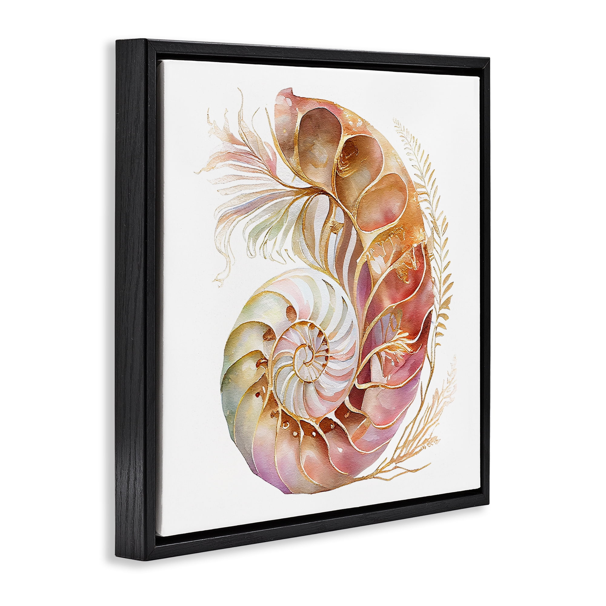 Stupell Industries Curled Nautilus Pattern Nautical & Beach Painting Black Floater Framed Canvas Art Print Wall Art, 18 x 18