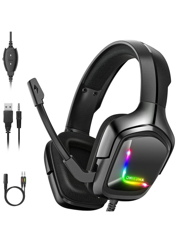 ONIKUMA Gaming Headset with Mic for Xbox One, PS4, Switch and PC, Surround Sound Over-Ear Gaming Headphones with Noise Cancelling Mic, RGB Lights, Volume Control for Smart Phone, Laptops, Mac, iPad.