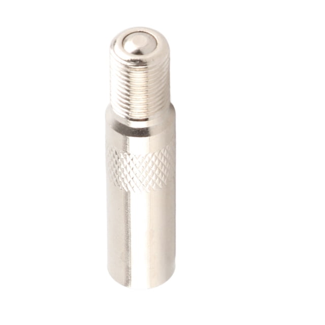 válvula de aire de rueda delantera de scooter, boquilla de válvula de inflado extendida con motor de acero para scooter m365 pro. Vista frontal centrada de la boquilla de acero pulido con rosca externa tipo válvula EE. UU., sección acanalada antideslizante y diámetro 9 mm (0.4 in); adecuada para M365/Pro/Pro2 y suele usarse como adaptador para inflar en espacios estrechos.