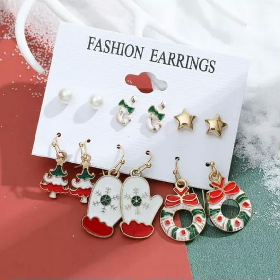 GKNET Wholesale 6Pairs Christmas Tree Snowflake Earrings Set Drop Dangle Women Jewelry-3-Glove Christmas Tree