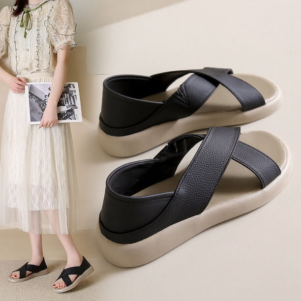 Sandalias planas de cuero suave para mujer, estilo coreano, de verano, con suela suave y ligera, a la moda, estilo romano