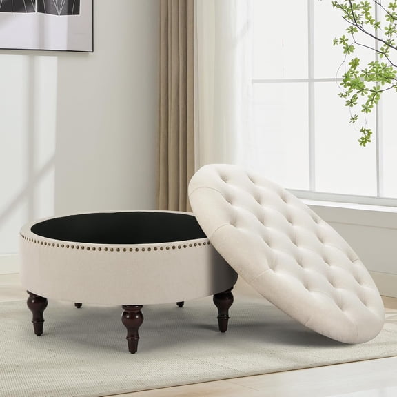 31.5" Large Round Storage Ottoman, Upholstered Tufted Linen Ottoman Coffee Table, Large Footrest with Solid Wooden Legs and Nailheads, Side Table for Living Room Bedroom Office, Beige
