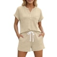 thumbnail image 3 of akafmk 2 Piece Outfits for Women Short Sleeve Loungewear Set Button Pocket Tees and Drawstring Shorts SweatSuits with Pockets Fashions Summer Outfit, 3 of 7