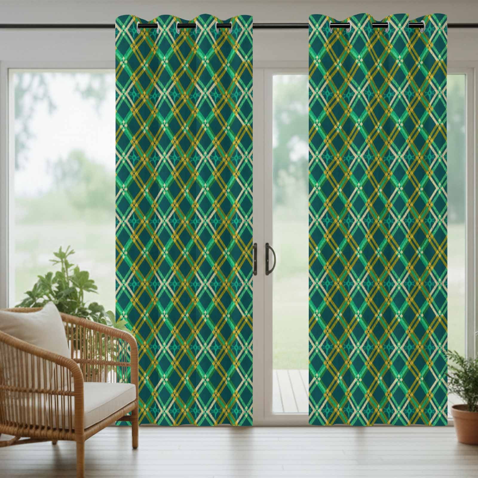 Outdoor Curtains for Patio Waterproof, Vintage Green Check Windproof Pravicy Outside Porch Blackout Curtain, Geometric Tartan Plaid Ethnic Sun Blocking Grommets Curtains for Cabana 2 Panels 54"x95"