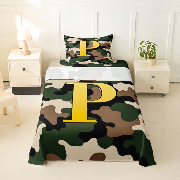 Feelyou Gold Initial P Letter Twin Sheets for Men Boys, Green Rustic Camouflage Bedding, 3pcs, 1 Flat Sheet, 1 Fitted Sheet and 1 Pillowcase