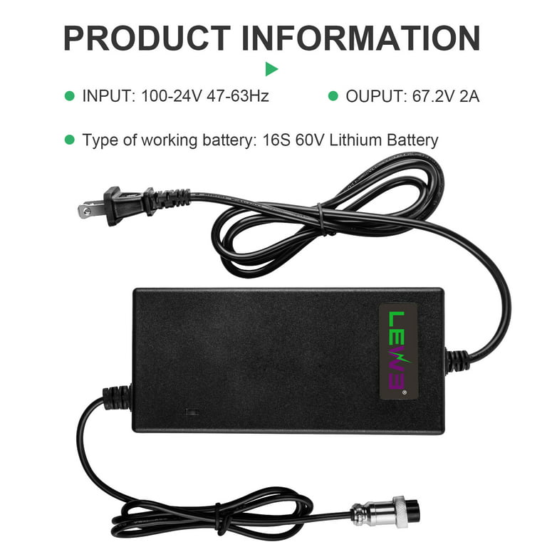 New 67.2V 2A Battery Charger for 60V 16S Lithium Batteries Pack 3-Prong  Inline Female Connector