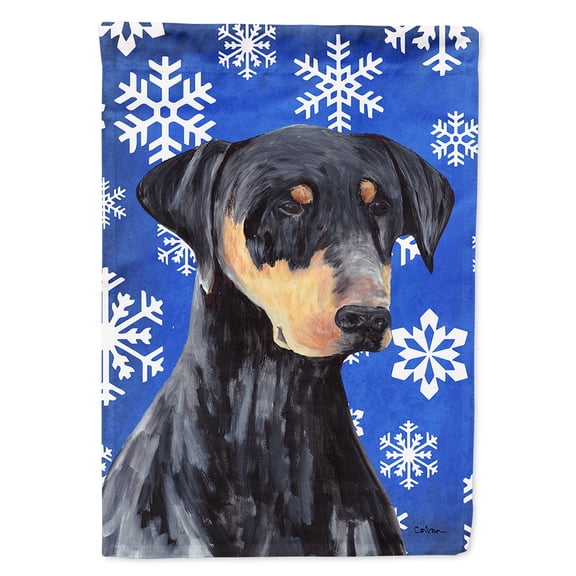 Doberman Winter Snowflakes Holiday Flag Canvas House Size