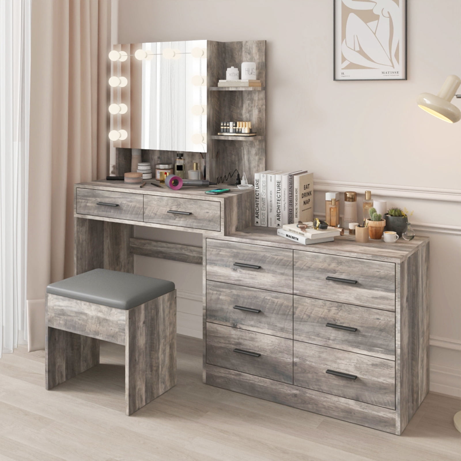 Ktaxon Makeup Vanity with 8 Drawers&Charging Station, Vanity Desk with 3 Color Light, Vanity Table Set w/ Drawer Dresser, Gray