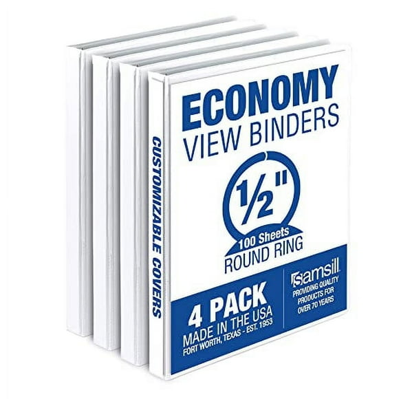 Samsill Classeur Économique 0.5 Pouce 3 Anneaux, Fabriqué aux États-Unis, Classeur Rond, Couverture Personnalisable Vue Claire, Blanc, Lot de 4 (MP48512)